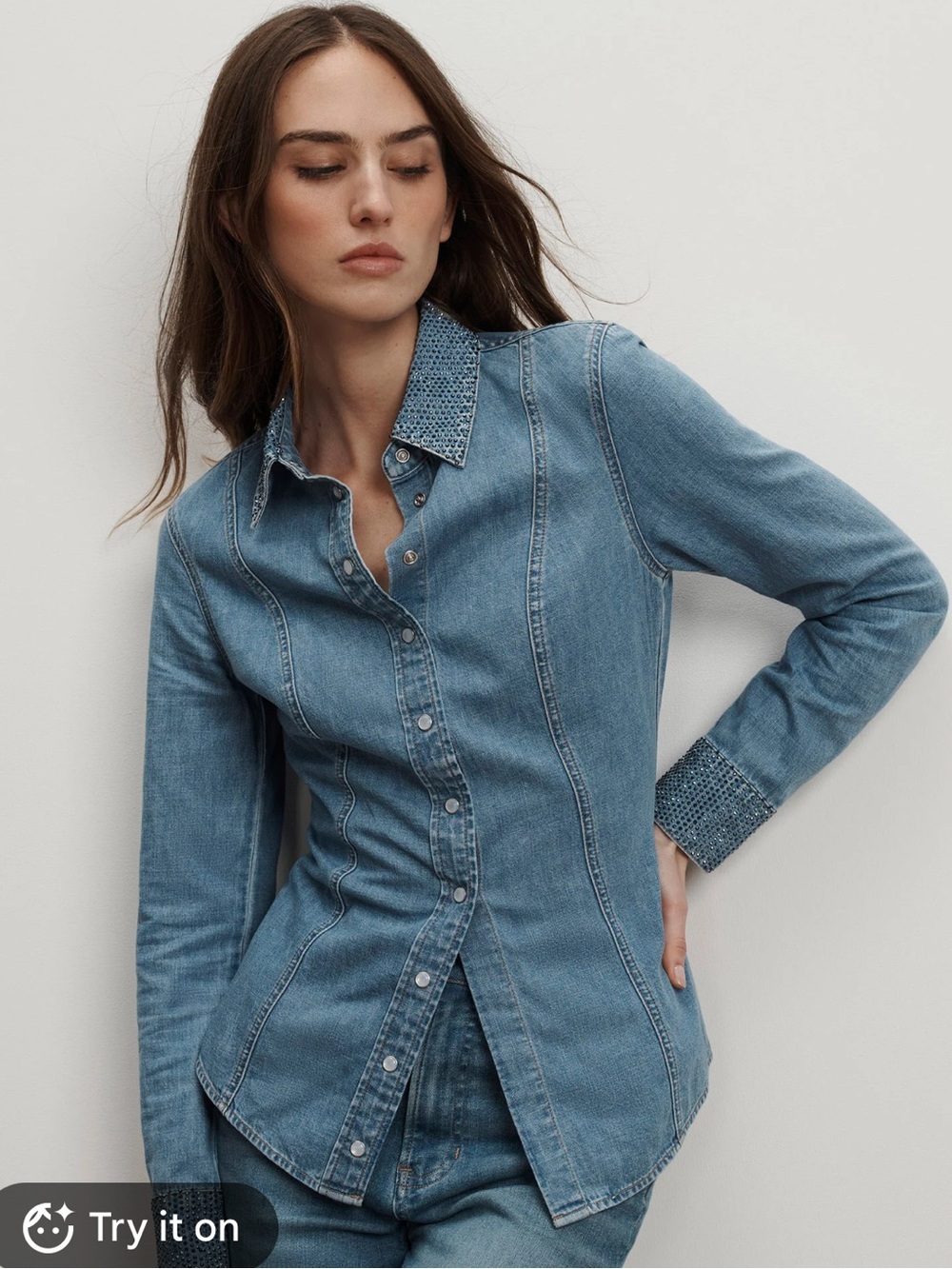 Veronica Beard Light Blue Embellished Chambray Shirt Jacket